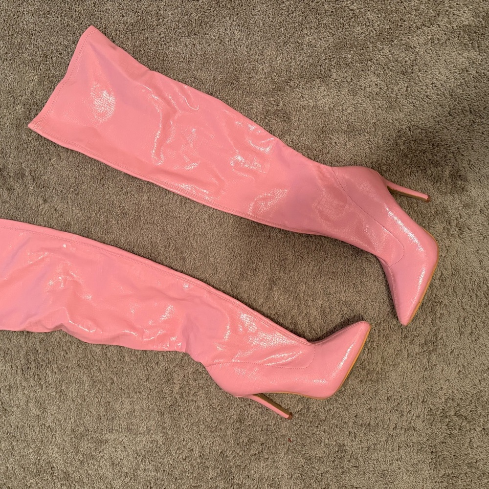 Pink Patent Over-the-Knee Stiletto Boots - Women's Fashion Knee-High